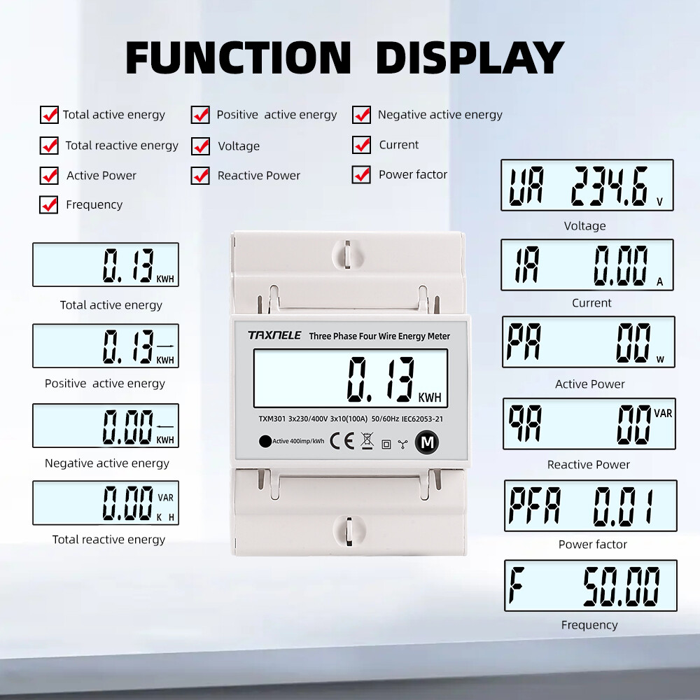 3 Phase 4 Wire Wattmeter Power Bidirectional Energy Meter Multifunction AC 380V KWH Voltage Current 100A 50Hz 60Hz Solar PV