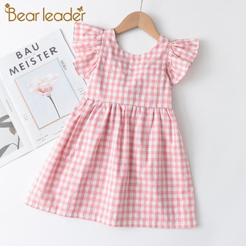 Bear Leader Girls Dress 2021 New Summer Sweet Bow Plaid High Waist Party Dress Crew Neck Petal Sleeve Girls Clothes Floral Decoration Kids Dresses For Girl Princess Ball Gown Dress Clothing 3-7Y