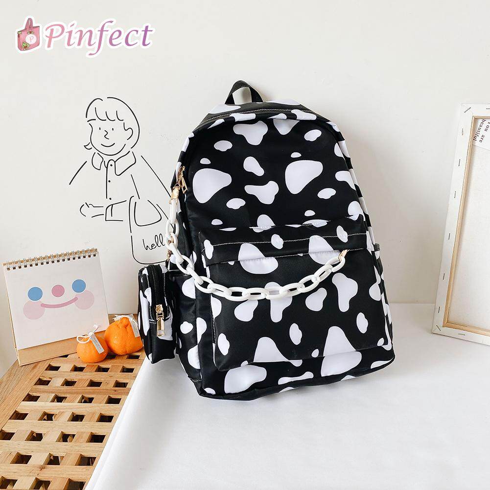 [Pinfect] Nylon Backpack Students Girls Retro Milk Cow Letter Print Casual Shoulder School Book Bags Women Daily Travel Bagpack Rucksack with Small Pouch