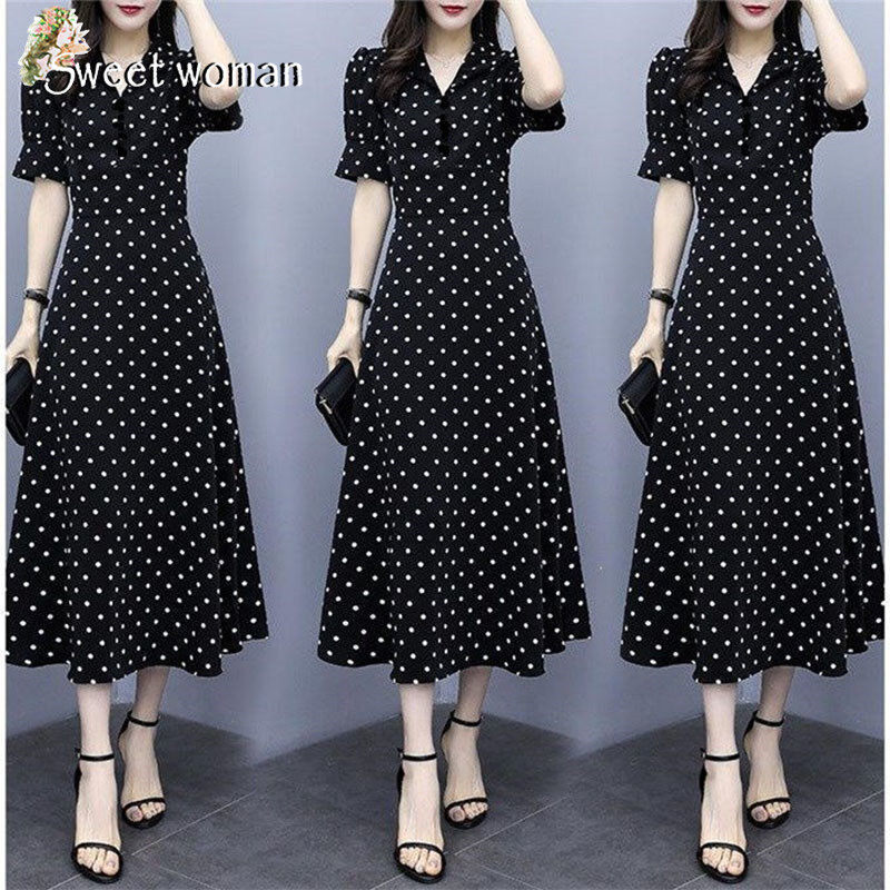 【SW】Polka dot dress temperament French retro slit over the knee long skirt