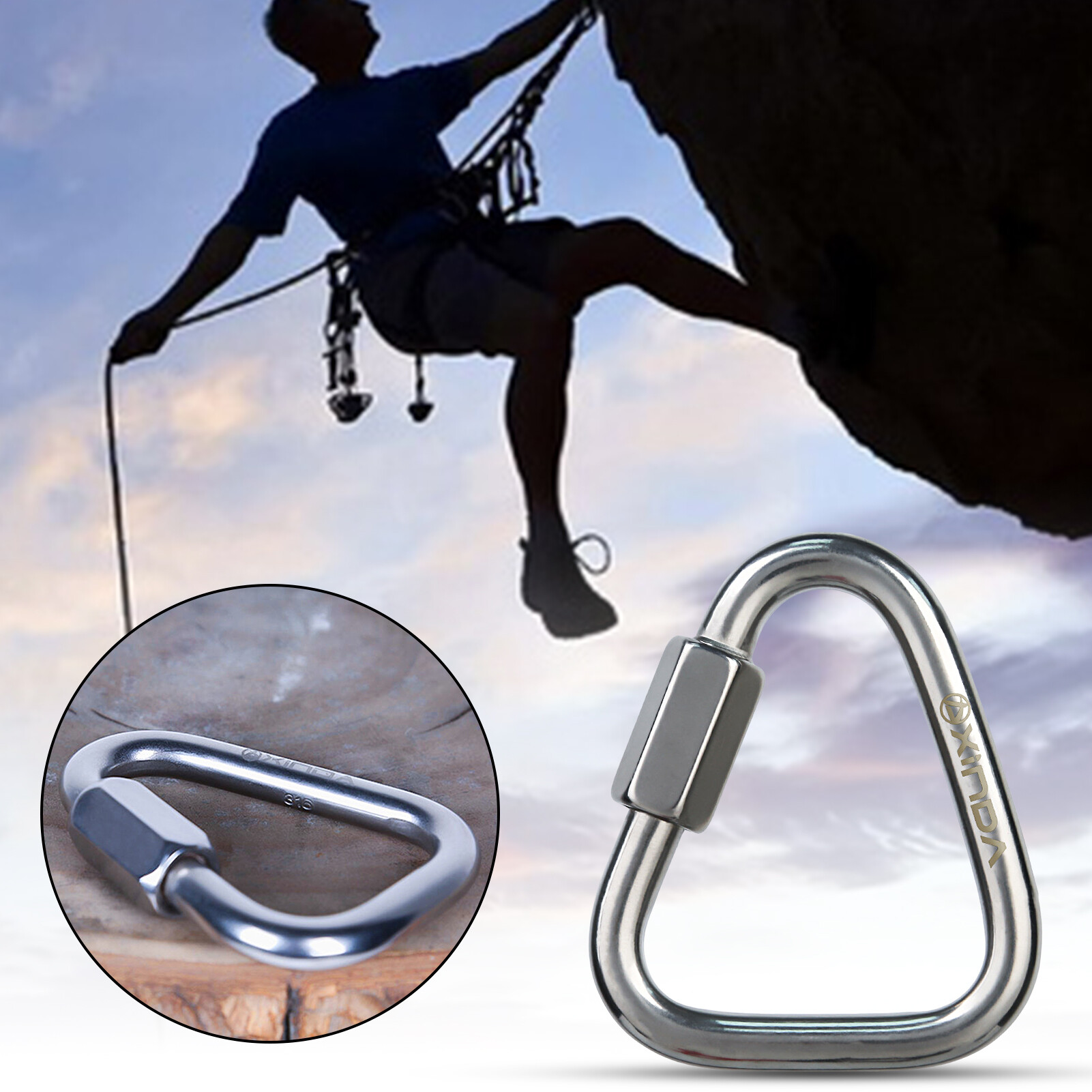 Ghxdryuru XINDA Triangle Quick Link Multifunctional Large Pull Mini Rustproof Wear-resistant Heavy Duty 304 Stainless Steel Aerial Work Outdoor Climbing Carabiner Climbing Gear Triangle Carabiner Rustproof