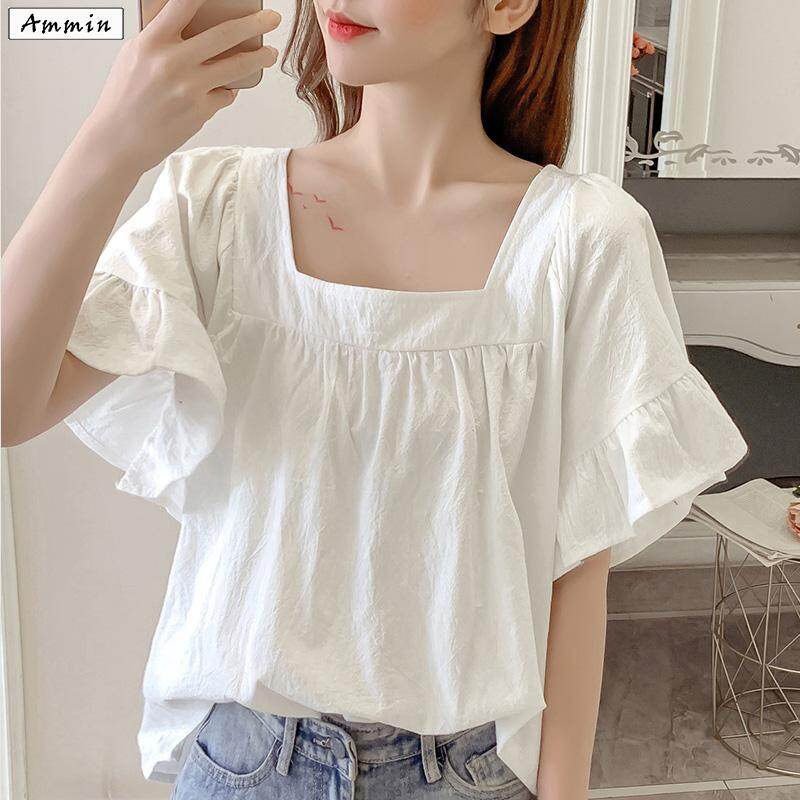 AMMIN summer new solid color Korean version of the square collar fashion loose thin wild temperament sweet lotus leaf short-sleeved women's shirt
