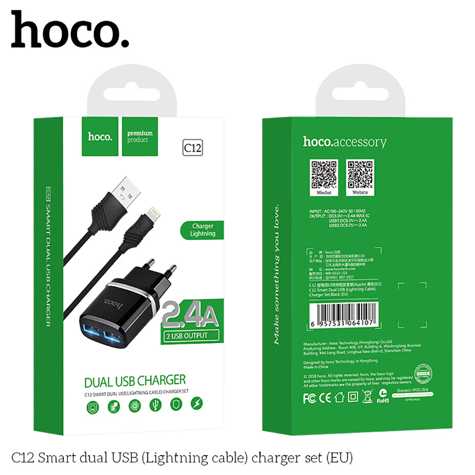 HOCO bộ sạc nhanh 2 cổng USB thông minh 2.4A cho iPhone SE 2020/ iPhone 11/ iPhone X - INTL