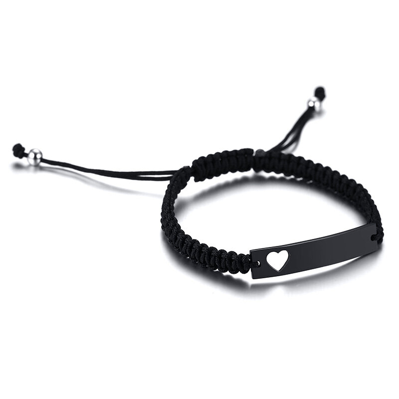 Vnox Customized Personalized Engrave ID Name Date Women Men Braided Rope String Bracelet Charm Hollow Heart Mother Girlfriend Gift