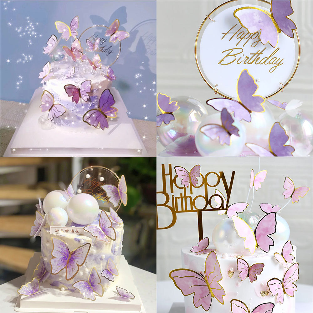 Cute Bronzing Acrylic Round Butterfly Birthday Cake Insert Card Plug-in Princess Children Birthday Decoration