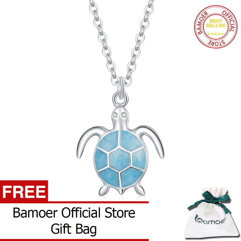 BAMOER Blue Turtle Pendant Necklace 100% 925 Sterling Silver Adjustable Necklace for Girl Women Statement Jewelry SCN446