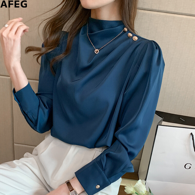 AFEG new Korean fashion all-match temperament satin long-sleeved blouse for women