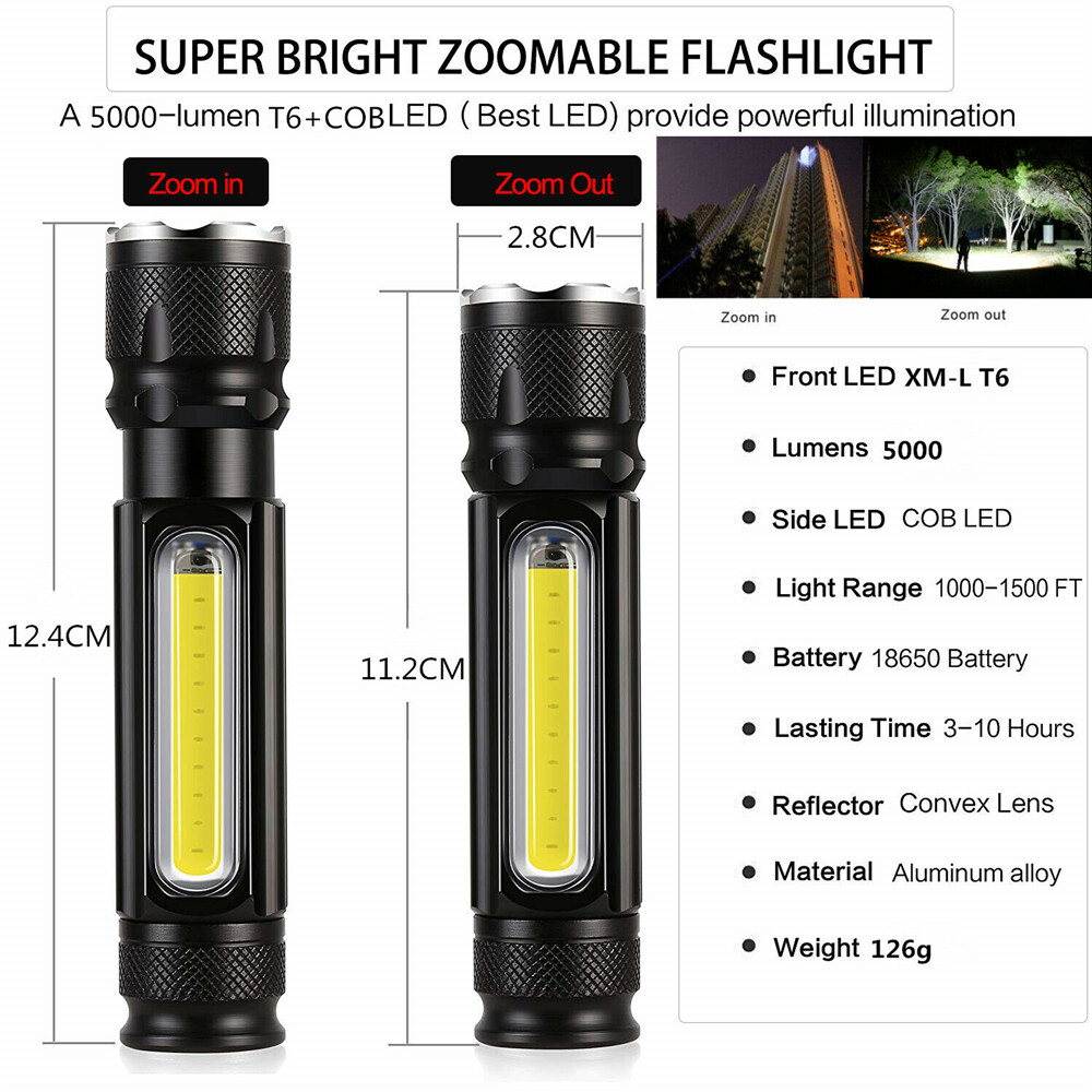 [Hàng có sẵn] Đèn Pin LED đa năng chính hãng pin USB 5000LM Đèn pin mạnh mẽ T6 Đèn COB bên hông Nam Châm Đèn làm việc đèn Pin đèn pin chiến thuật có thể sạc lại đèn khẩn cấp