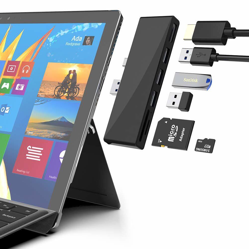 Hexna surface pro 4/5/6 usb hub docking station 6-in-1 usb 3.0 hub adapter for surface pro 6 5 4 with 4k dp displayport 3 usb3.0 ports sd/tf card