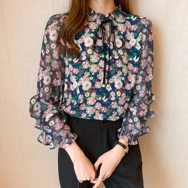 REHIN Women's top long sleeve chiffon shirt floral print age-defying retro belly covering design all-match new spring new Korean version blouse