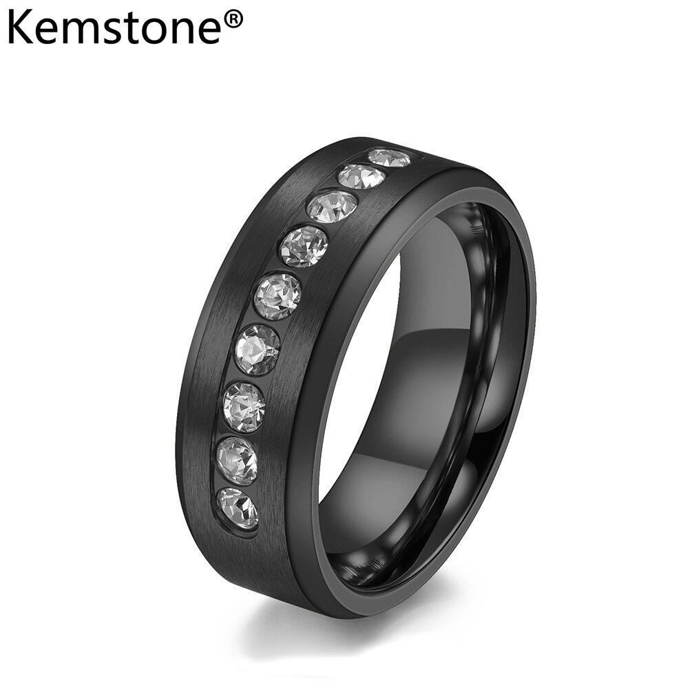 Kemstone Stainless Steel Black Silver Gold Plated Crystal Male Female's Ring Weeding Jewelry Gift for Men Women