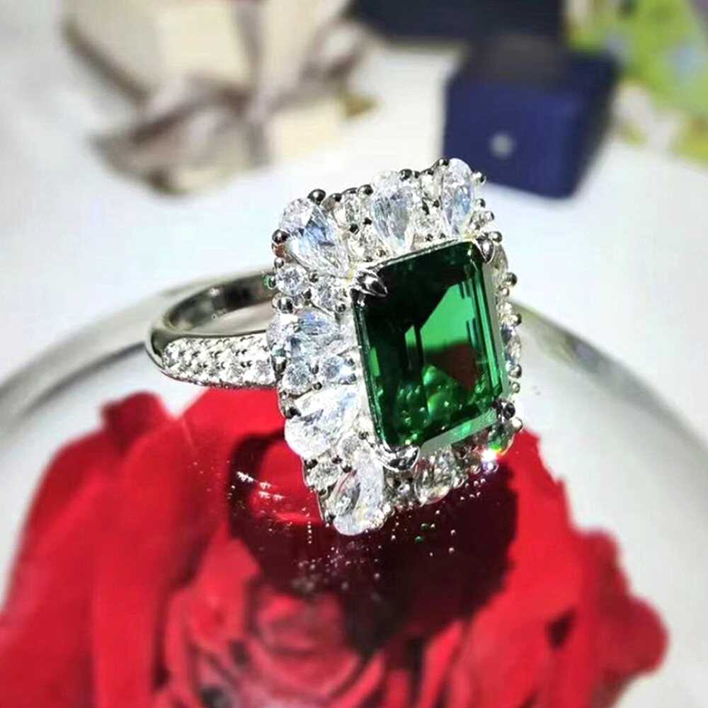 Nhẫn Ngọc Lục Bảo Kim Cương Rực Rỡ Mạ Bạch Kim Zircon Đèn Vòng Tròn Sang Trọng