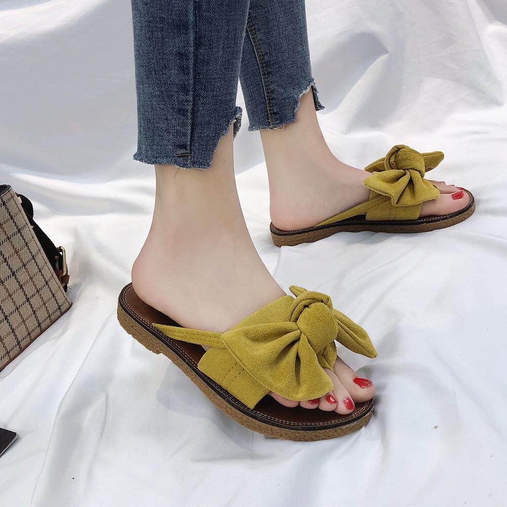 the wedding sandal for Women Fashion Solid Color Bow tie Flat Heel Sandals Slipper Beach Shoes