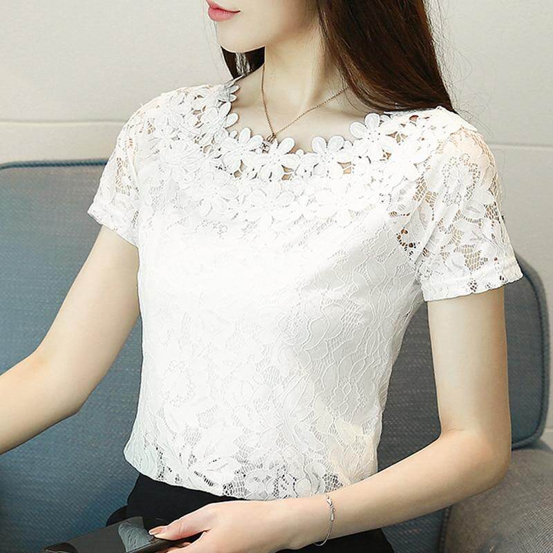 Summer Women Shirt Blouse Short Sleeve Lace Fashion Hollow Lace Clothing Sweet White Black Women Tops