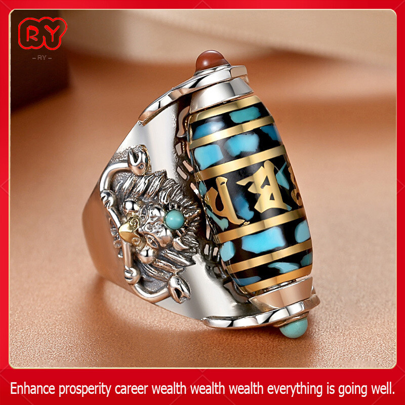RY-Silver s925 rune dzi ring original design roc bird pattern turquoise ring enhance the power of prestige powerful effect wealthy and prosperous through the enlightenment ceremony