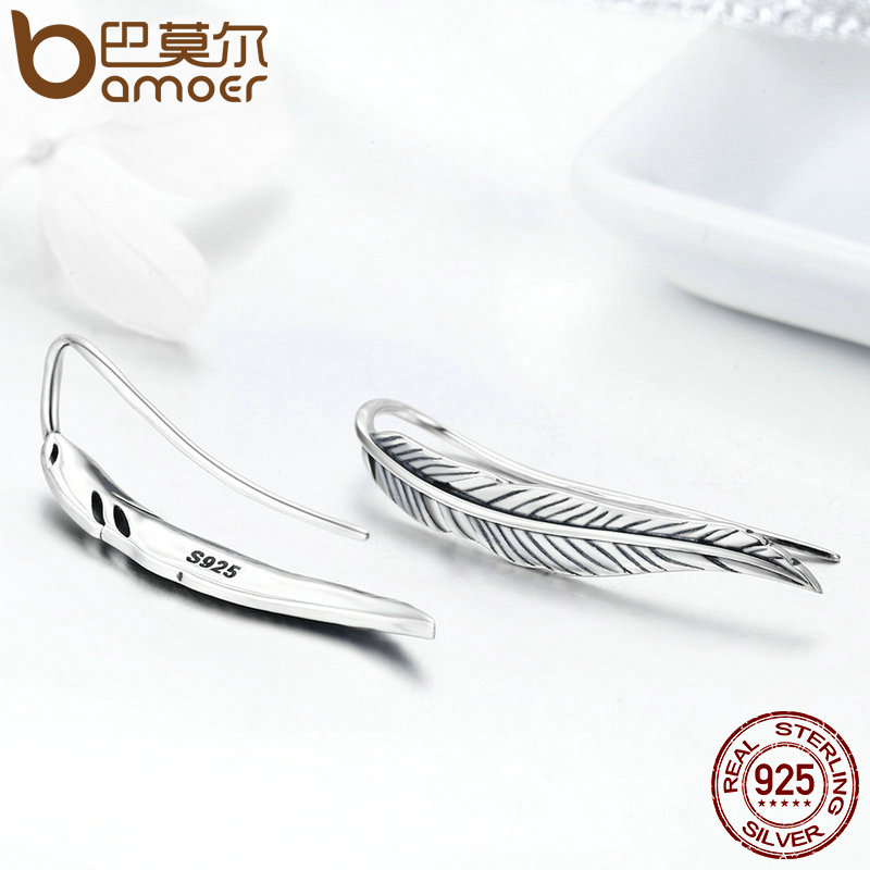 BAMOER Miễn Phí Vận Chuyển Bông Tai Dạng Hạt Hình Cánh Lông Vũ Bằng Bạc Ý 100% 925 Thật Với Đá CZ Trong Suốt Màu Trắng Cho Nữ Trang Sức Kỷ Niệm SCE258