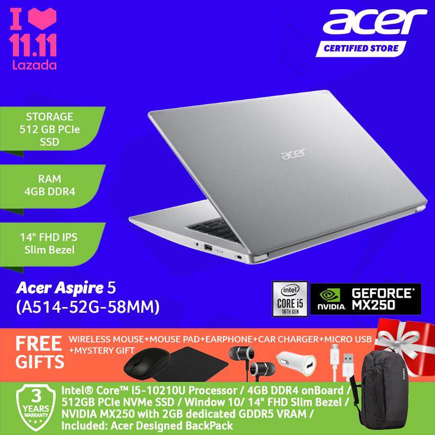 Acer Aspire 5 A514-52G-51MP/ A514-52G-53GU/ A514-52G-58MM Notebook /i5-10210U/4GB/512GB/MX250-2GB/WIN 10/14-Inch FHD+Free WIRELESS MOUSE+MOUSE PAD+EARPHONE+CAR CHARGER+MICRO USB +MYSTERY GIFT Malaysia