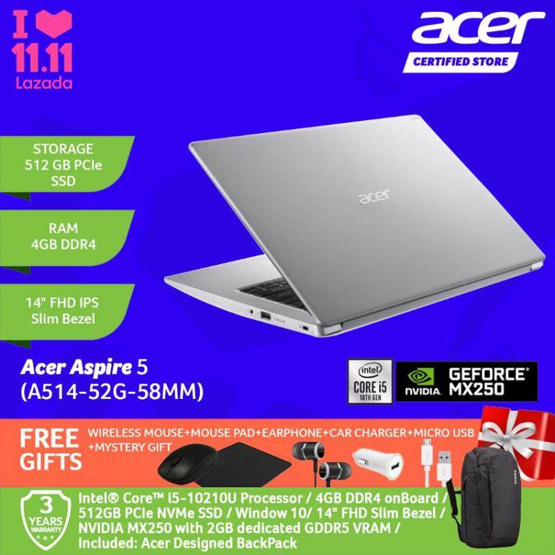 Acer Aspire 5 A514-52G-51MP/ A514-52G-53GU/ A514-52G-58MM Notebook /i5-10210U/4GB/512GB/MX250-2GB/WIN 10/14-Inch FHD+Free WIRELESS MOUSE+MOUSE PAD+EARPHONE+CAR CHARGER+MICRO USB +MYSTERY GIFT Malaysia