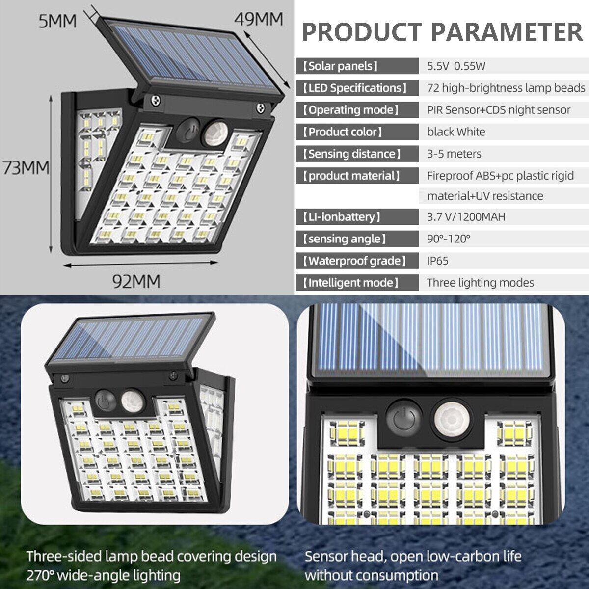 Solar Light Outdoor with 72LEDs Motion Sensor Wall 3 Lighting Modes Light Solar Fence Light IP65 Waterproof Solar Patio Light
