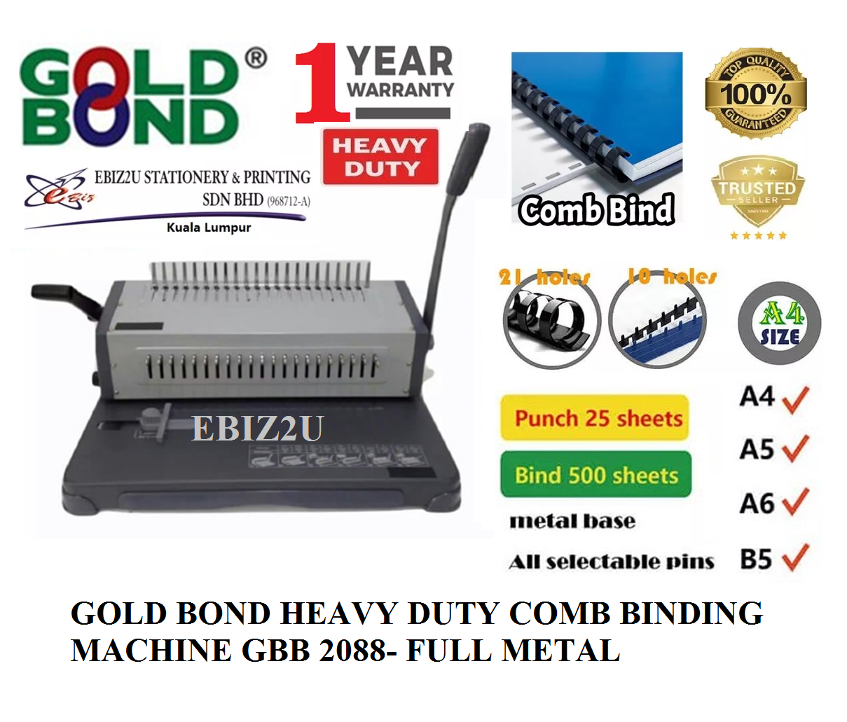 GOLD BOND HEAVY DUTY COMB BINDING MACHINE GBB 2088 FULL METAL (binding