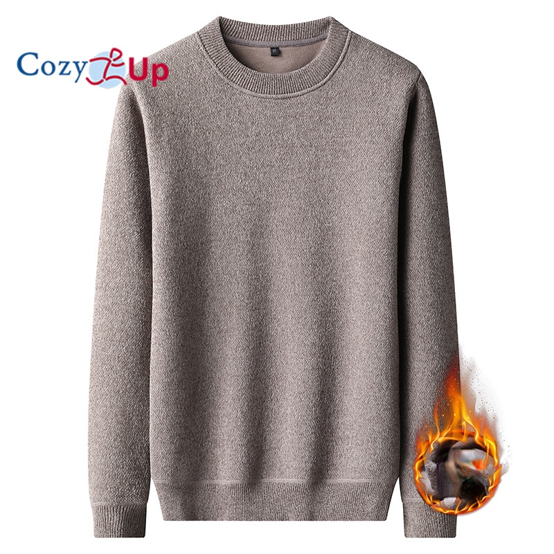 Cozy Up Men Long-sleeved Sweater Casual Round Neck Solid Color Plus Velvet Warm Pullover