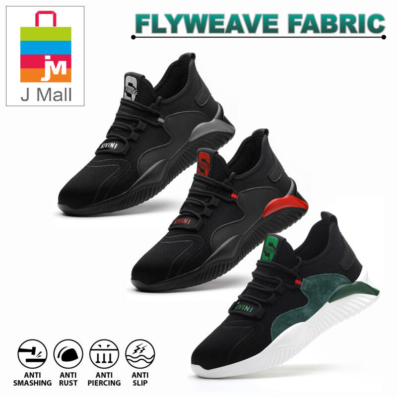 J MALL Safety Shoes Sport Shoes Wear-Resistant Anti-Smash Steel Flying Woven Breathable Protective Steel Toe Cap Shoes - 797 (Black Red / Black Green / Black Grey) & 810 (Black White)