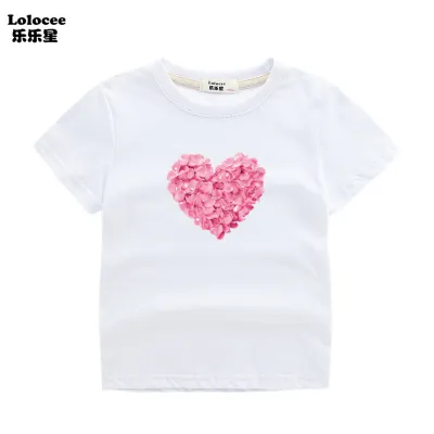 Kids Cotton Summer Tee Girl Flower Heart T-shirts Teens Summer Short Sleeve O-neck Tee Girls Casual Tee Shirts