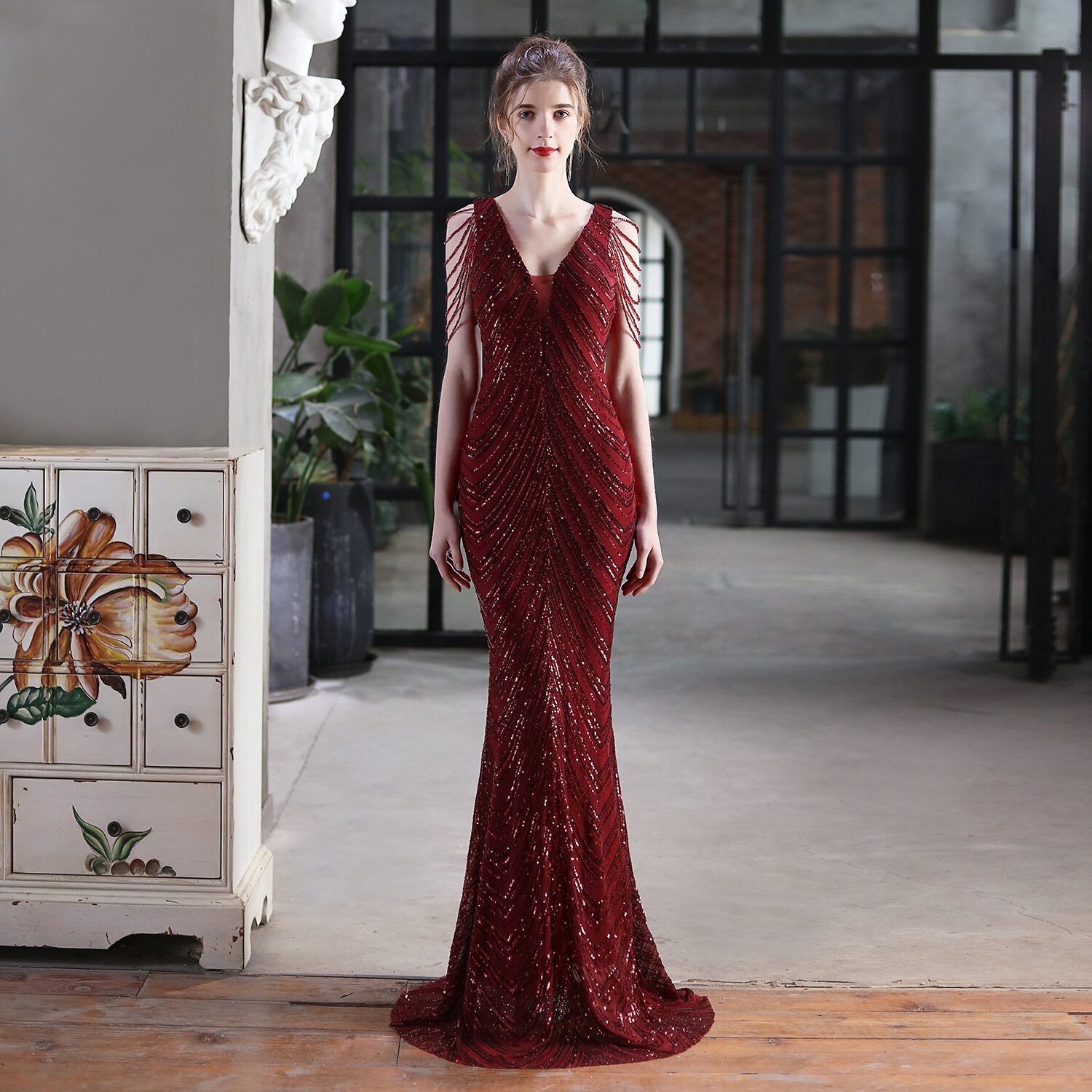 Women V Neck Sequin Long Dress Sleeveless Evening Prom Formal Mermaid Gowns