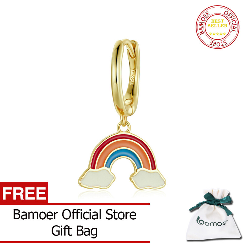 BAMOER 1Piece Gold Enamel Rainbow Earring For Women 925 Sterling Silver Love Eye Earring Red Lip Snake Sunflower Pink Lightning Earring SCE1232