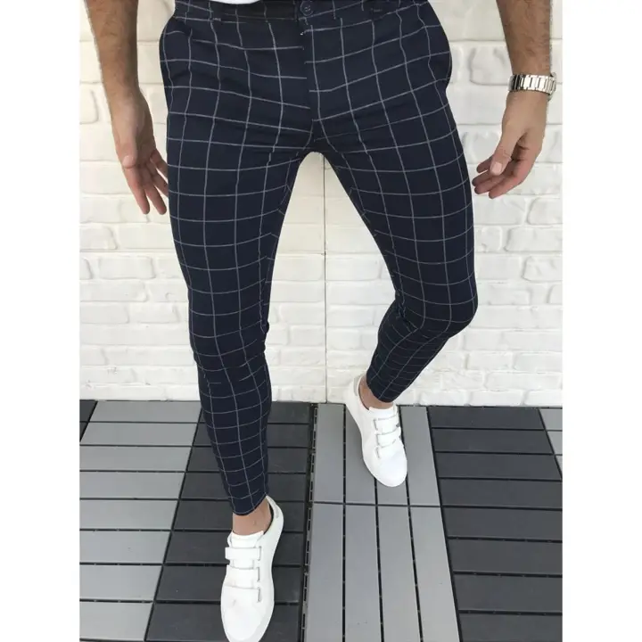 plaid print fashion men's casual pants
