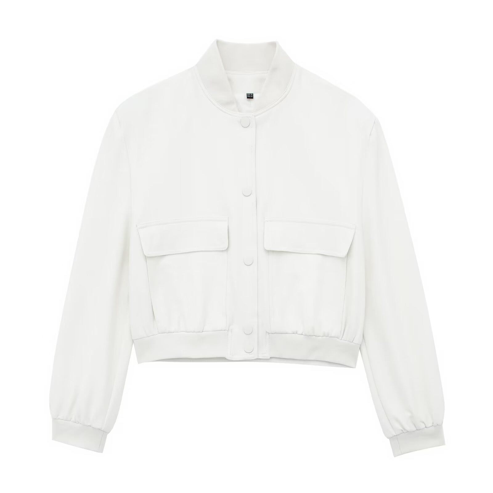 Willshela Women Fashion Plain White Casual Basic Pilot Jackets O-Neck Long Sleeves Front Pocket Female Chic Lady Y2K Flight Outwear