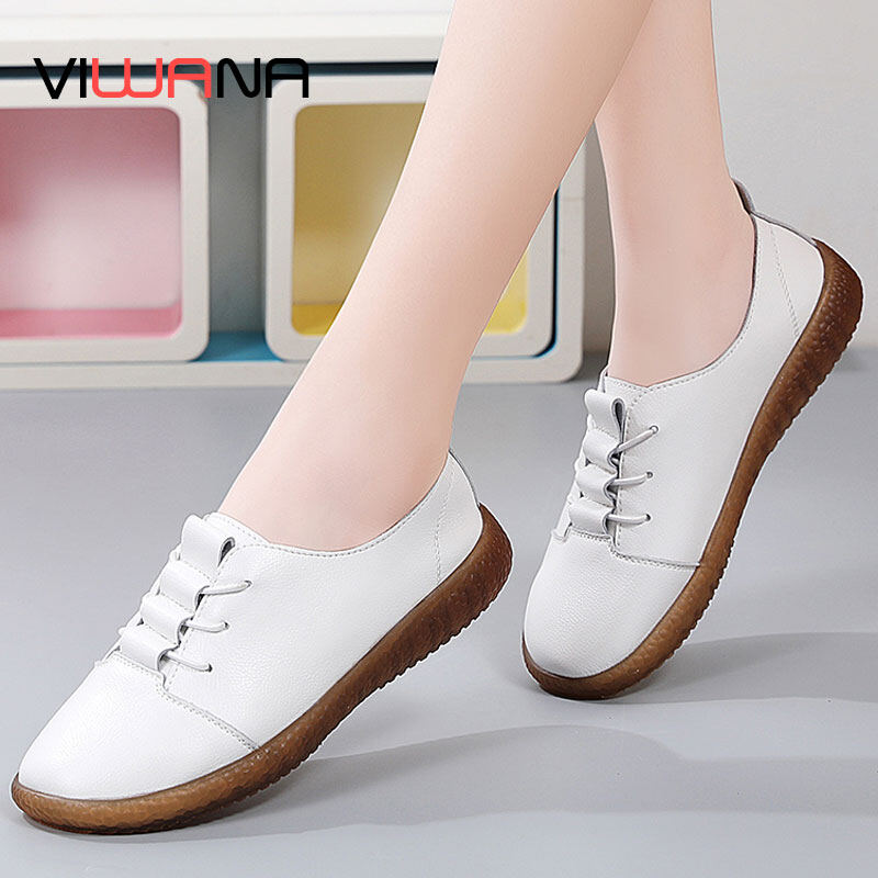 VIWANA Women White Flats Shoes Plus Size 41 Genuine Leather Slip On Casual Shoes Ladies Korean Style Loafers Women Flat Shoes