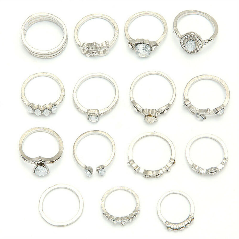 15Pcs Bohemian Ring Love Leaf Diamond New Joint Ring Set