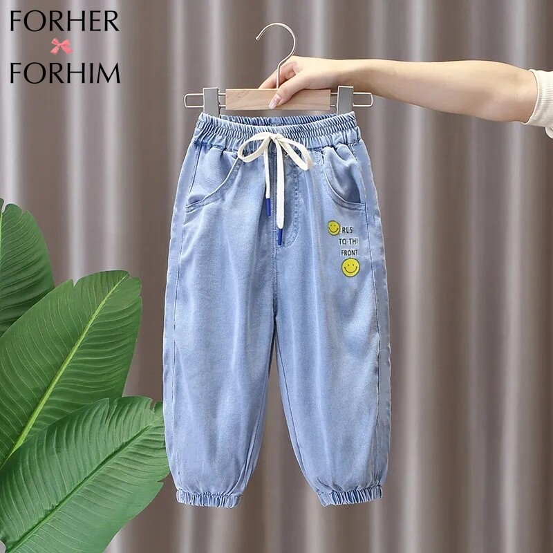 Forherforhim girls' trousers summer thin-style children silk jeans in the new children anti-mosquito foot loose nine points fh3945