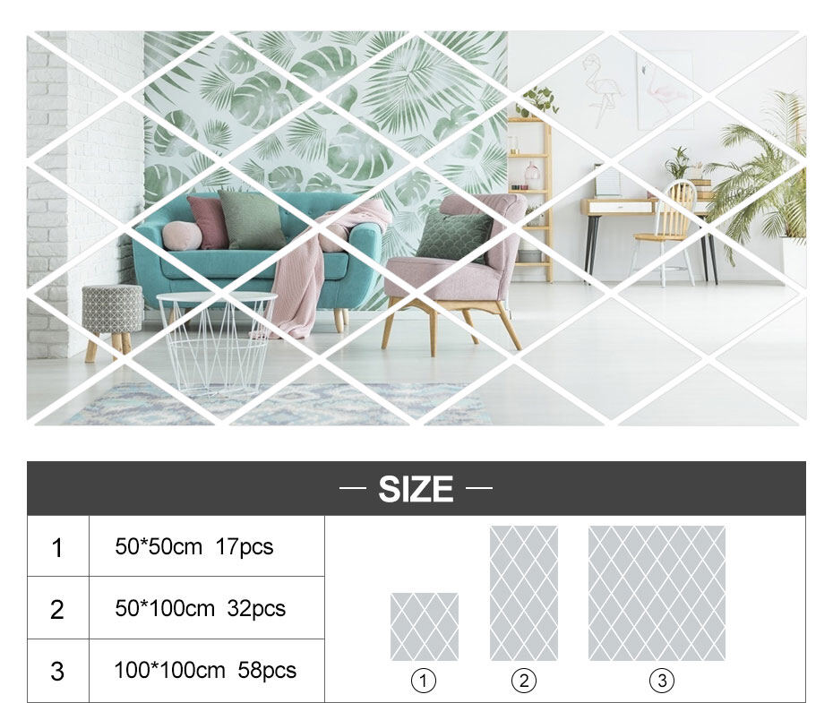 【Lightingeverthing】 Tấm Dán Tường Gương Tường Nền Khảm Hình Thoi Tự Dính Miếng Dán Trang Trí Gương Acrylic, Trang Trí Phòng Khách Phòng Ngủ 50x5 0Cm/50x10 0Cm/100x100cm