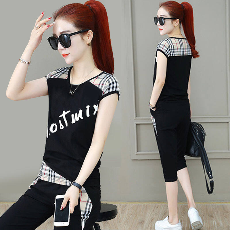 Sports Suit Female Summer splicing Short Sleeve Ladies Tops+ Pants Korean Fashion Casual Tops