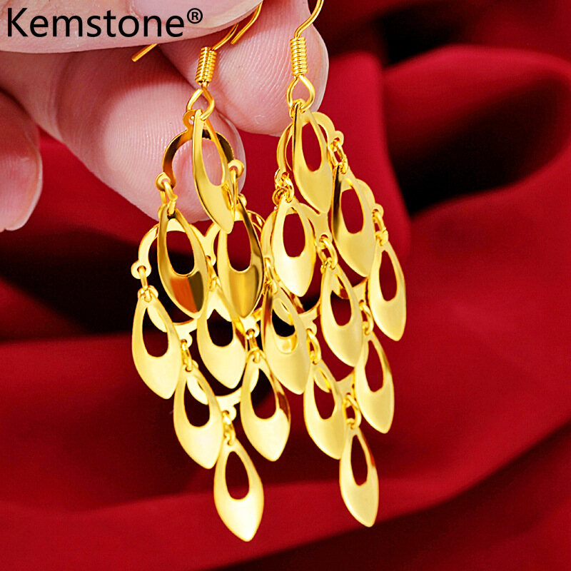 Kemstone Chinese Knot Lucky Brass 24K Gold Plated Long Dangle Earrings Jewelry Gift for Ladies