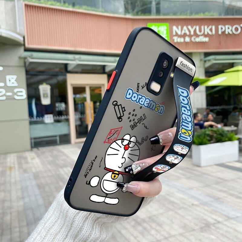 Dienya Case For Samsung galaxy J8 2018 Case Fashion Popular Doraemon With Wristband Thin Frosted Transparent Hard Full Cover Camera Silicone Softcase Pattern Casing Shockproof Protection Cases