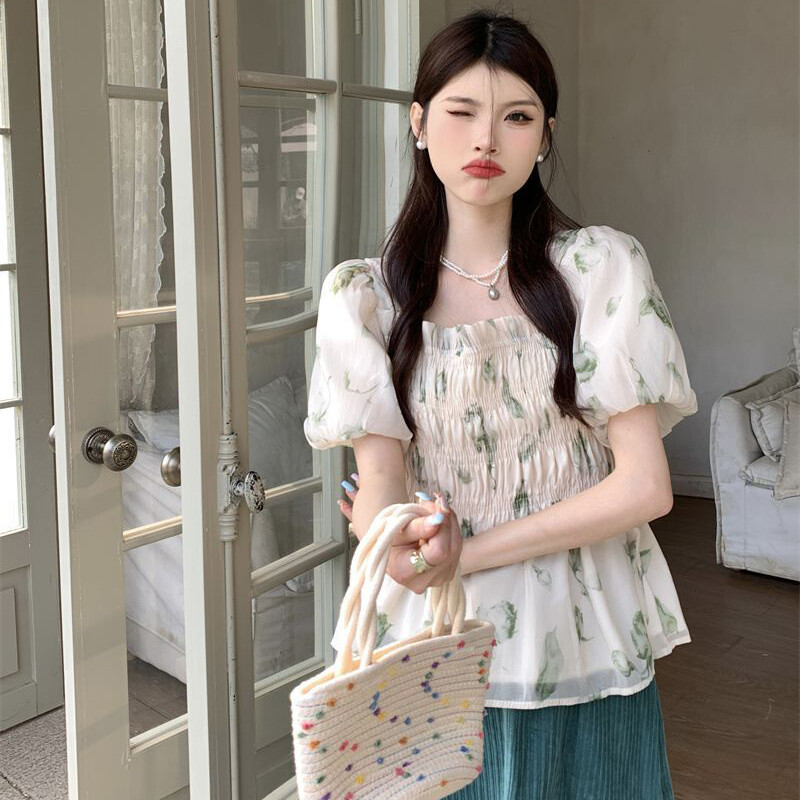 IELGY shirt women's French puff sleeve off shoulder floral chiffon top