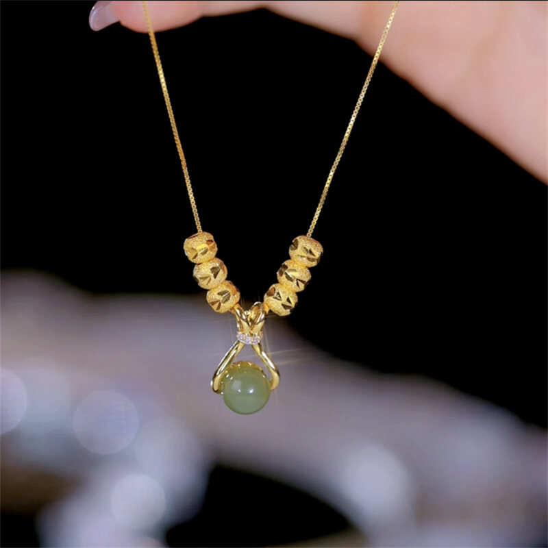 18k Saudi Gold Pawnable Hetian Jade Pendant Bringing Wealth and Lucky Necklace Women's Light Luxury Temperament Clavicle Chain Jewelry