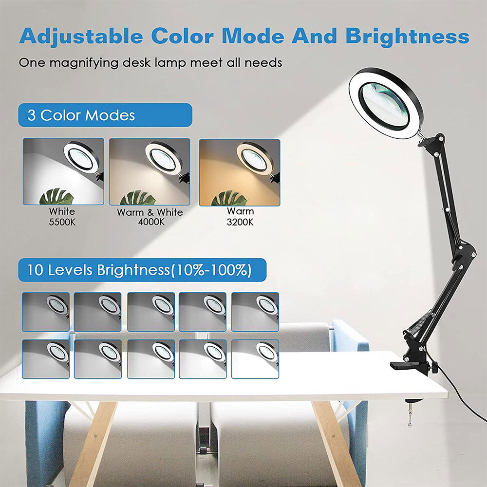 Kính lúp quang học 10X Gaqqee có thể điều chỉnh độ sáng, dạng đèn led xoay vòng 360 độ đọc sách với giá đỡ điều chỉnh được độ dài-INTL