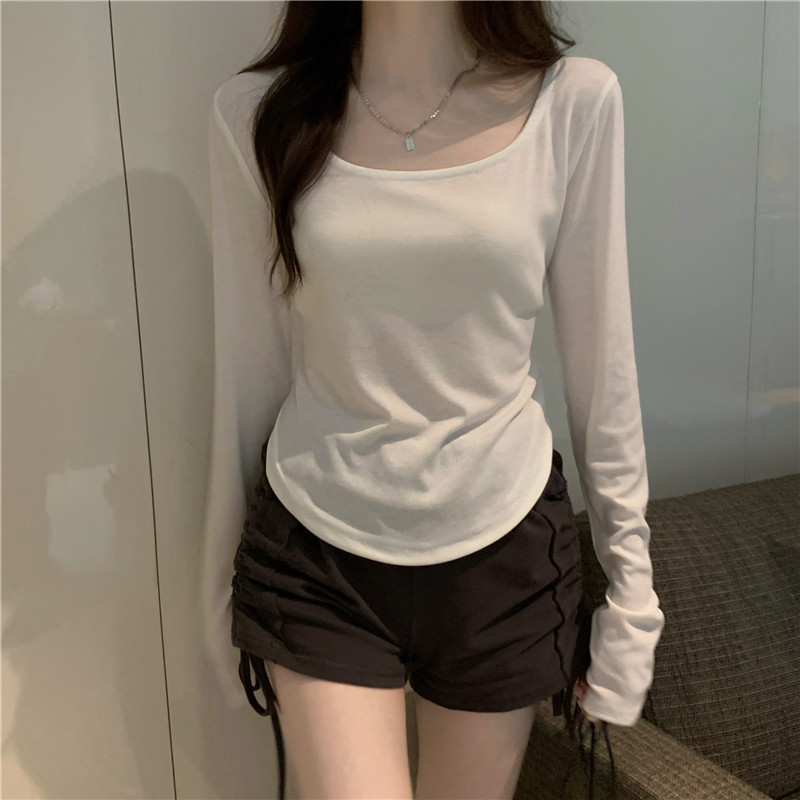 XYCC Pure color simple big round neck long sleeve T-shirt Irregular low-cut sexy crop top