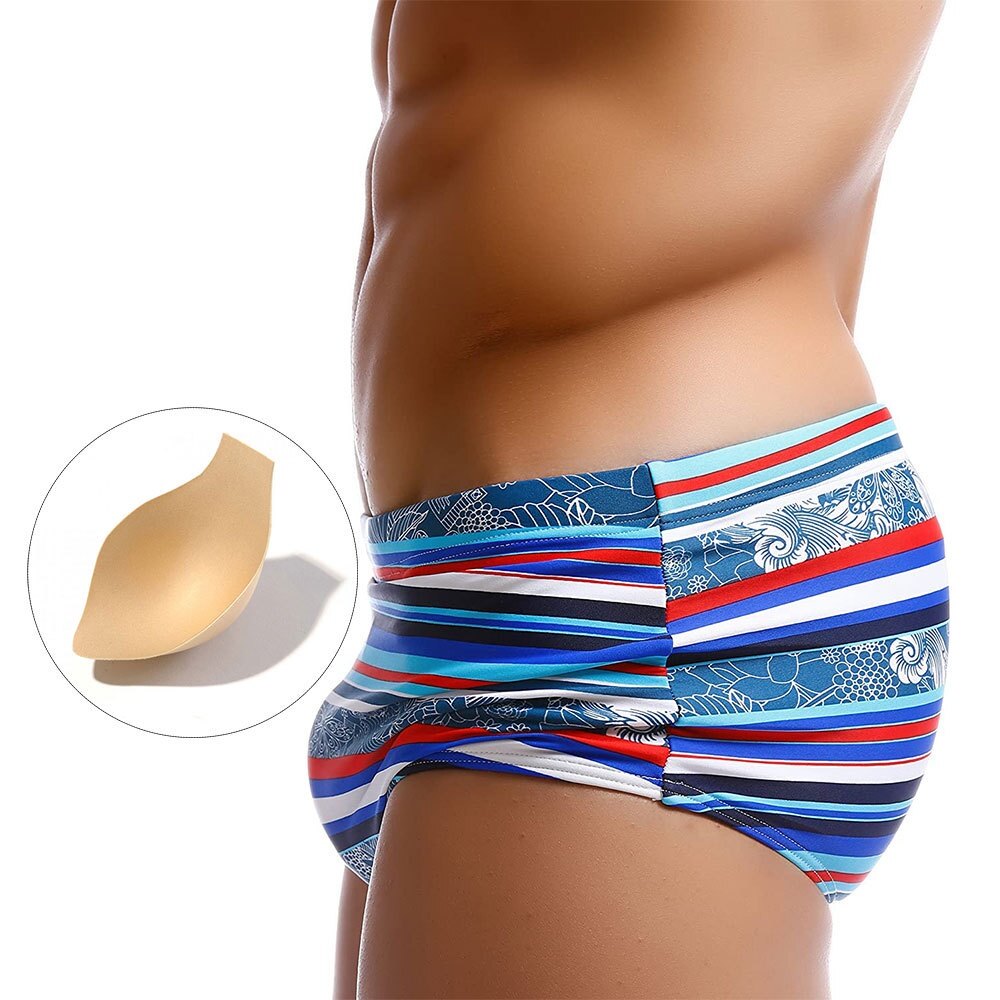 Men's red and blue striped swimming boxer with push pad gg038
