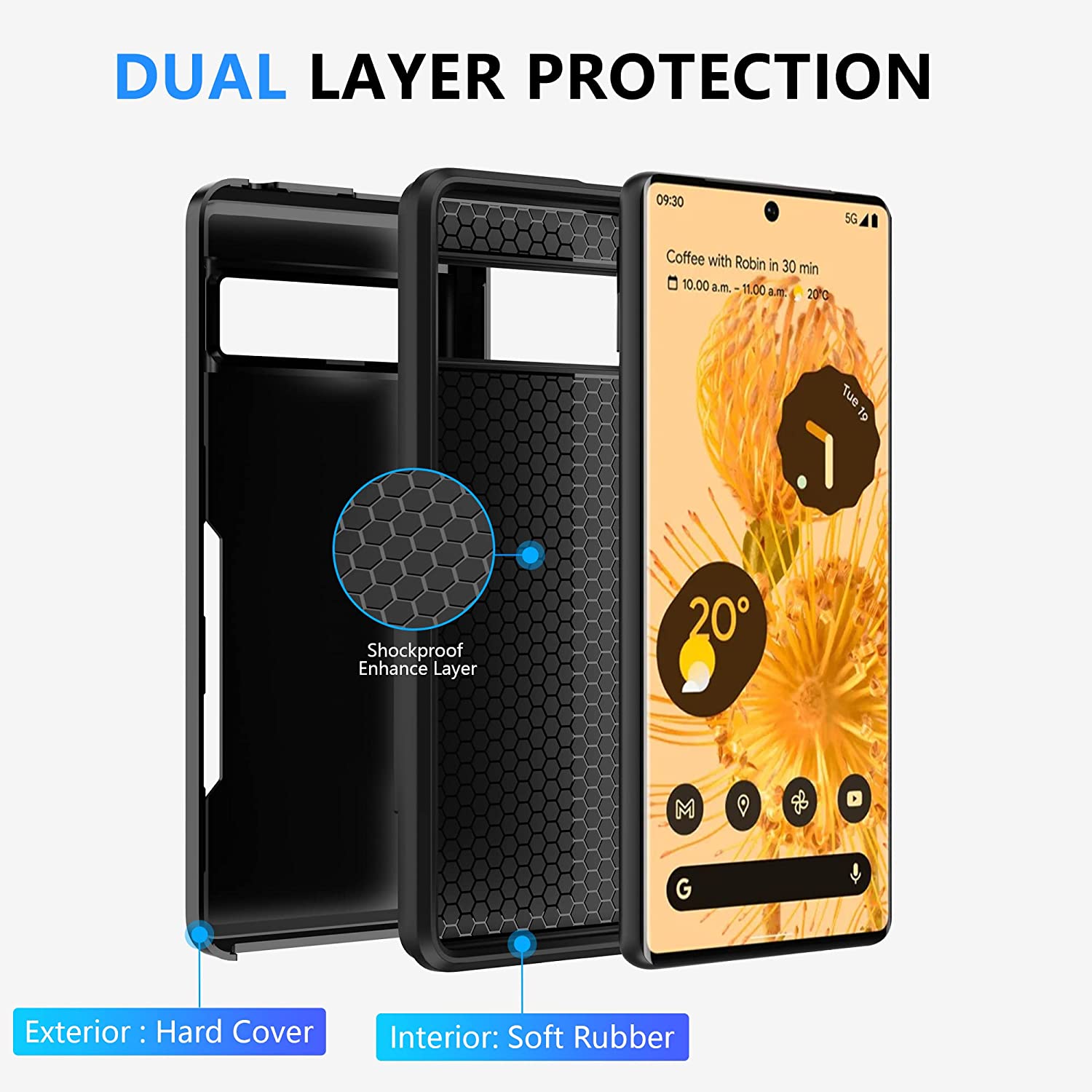 Trường hợp bảo vệ màu đen cho Google Pixel 9 Pro XL, Pixel 8 Pro, hai lớp chống thả bậc quân sự trường hợp chống vân tay Vỏ bảo vệ chịu lực trường hợp khó khăn cho Google Pixel 9A/Pixel 8A/Pixel 7 Pro/Pixel 6 Pro/Pixel 7A/Pixel 6A