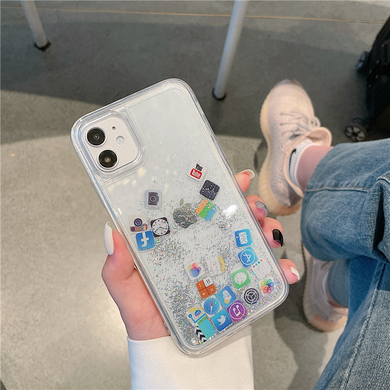 CrashStar Movable APP Sequins Liquid Quicksand Transparent Hard Phone Case For iPhone 15 14 13 12 11 Pro Max Mini XS X XR 8 7 Plus + SE 2020 Clear Shockproof Phone Casing Fashion Phone Cover