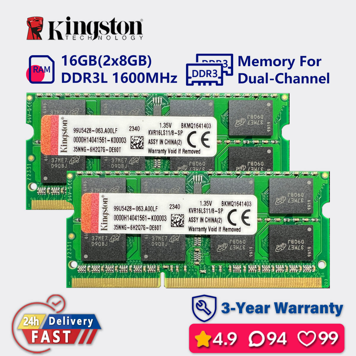 Kingston 16gb 8gb 1600mhz ddr3l Dual channel laptop memory ram sodimm pc3l  12800s
