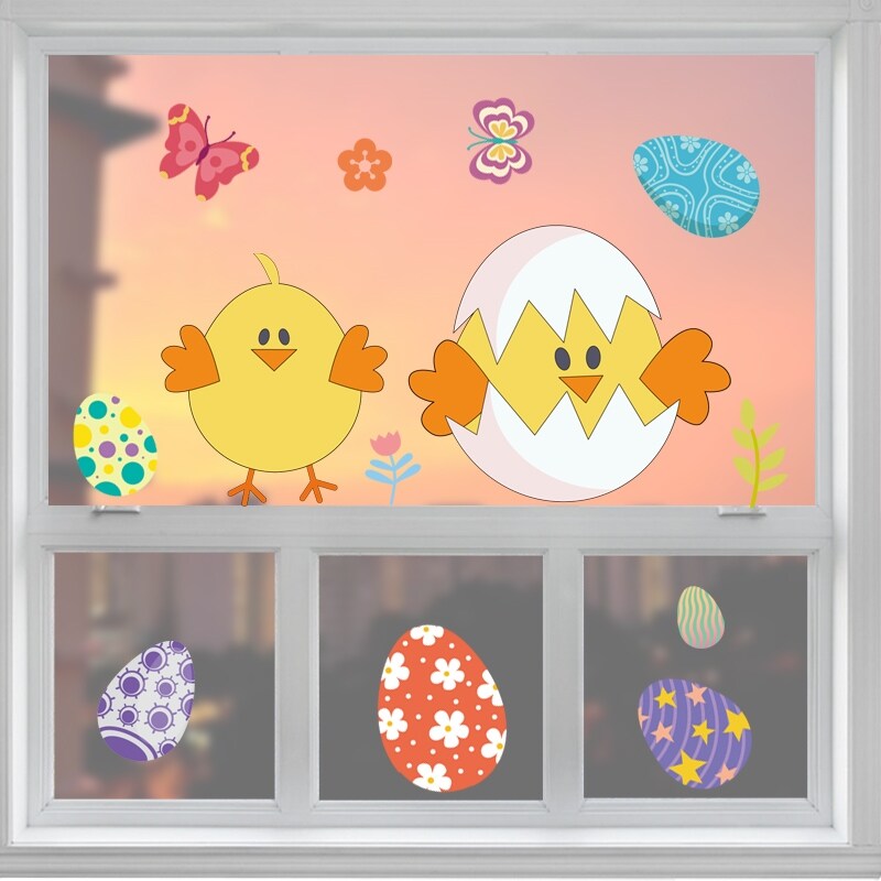 【HOT】 Happy Easter Window Stickers Rabbit Eggs Chick Wall Stickers Easter Decorations for Home 2022 Easter PartyWall Decals