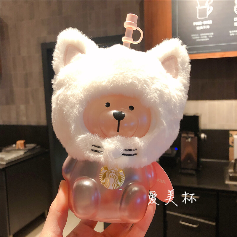 Starbuck Sakura Cat Plush Headgear Pink Bear Glass Straw Cup