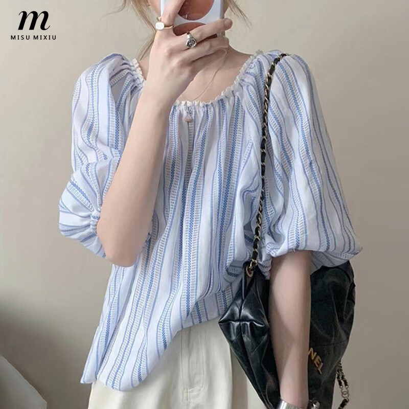 Misumixiu 2023 summer french blue striped bubble sleeve blouse for women