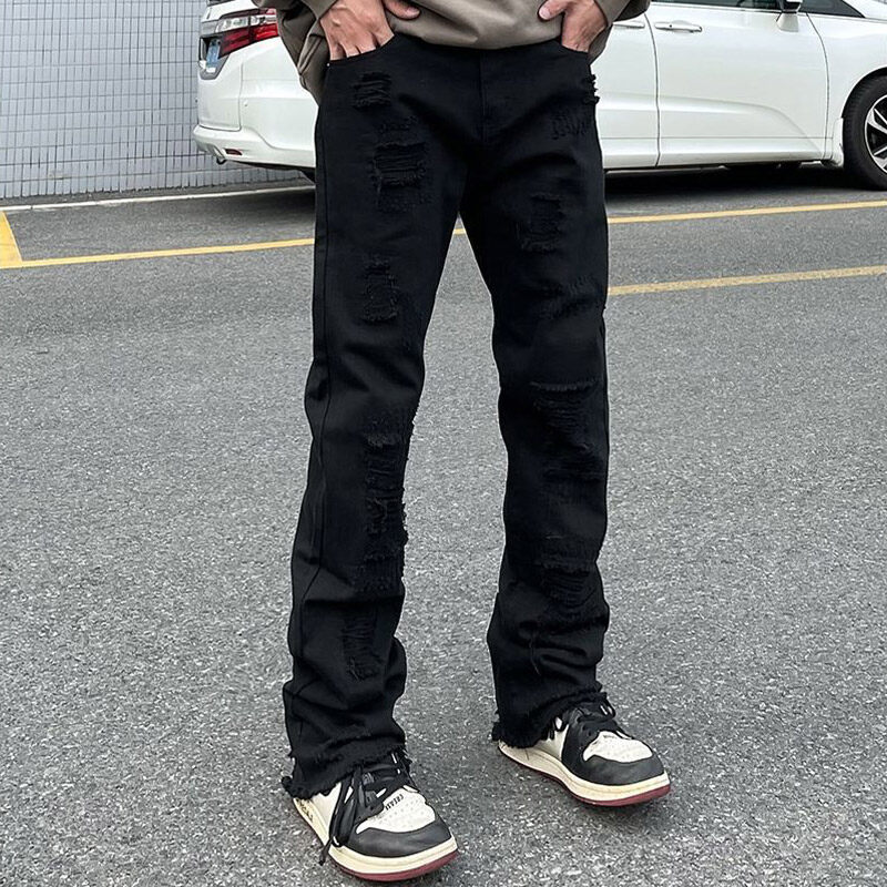 ST Đường Vắt Sổ Lỏng Nam Giả Quần Jean Rách Nam Hipster High Street Thẳng Hơi Loe Quần Dài Màu Đen